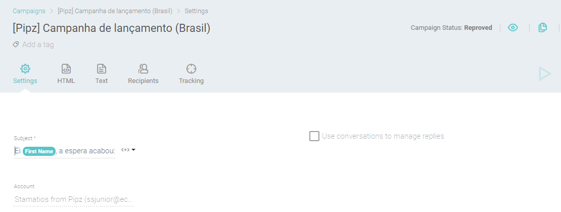 Como selecionar conta de envio e linha de assunto da campanha