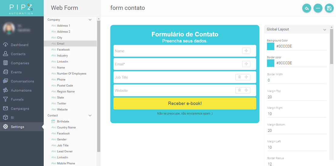 Editando o formulário de contato